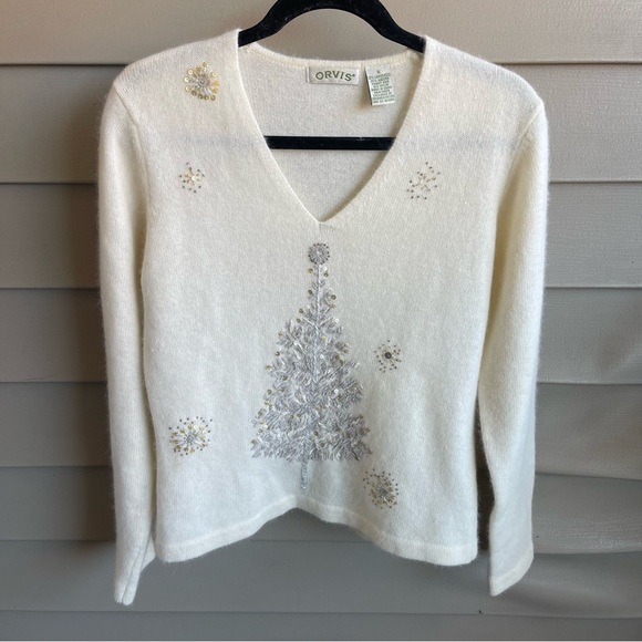 Orvis Tree Embroidered Ivory Angora Wool V-neck Sweater Womens Sz Small Holiday - Picture 1 of 8